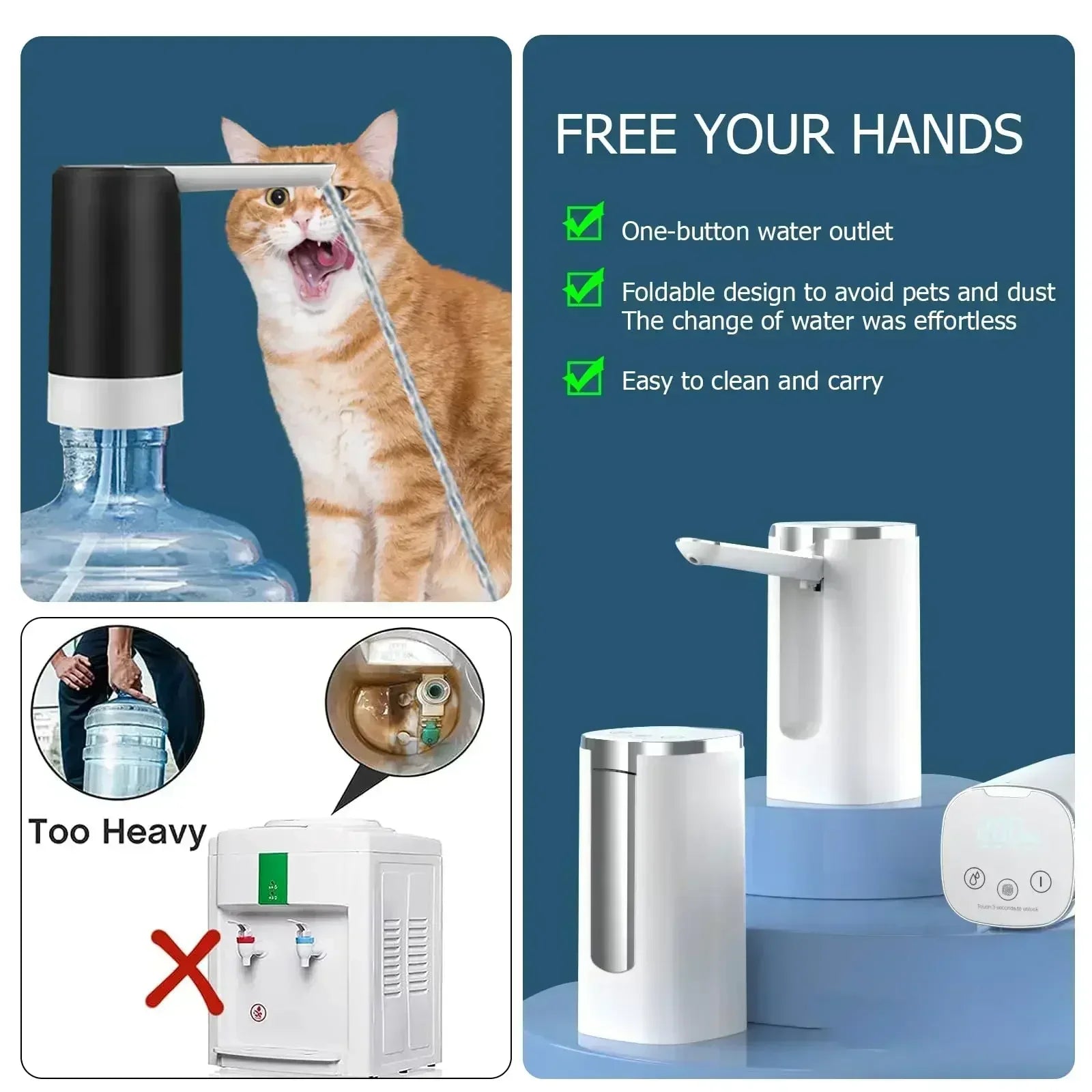 LED Display Water Bottle Pump Foldable Electric 1200mah Type C Rechargeable Automatic Stop Touch Button 3 Quantitative Settings